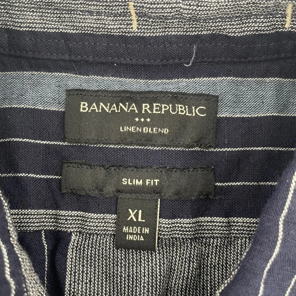 Banana Republic Shirt Mens XL Blue Striped Linen Blend Slim Fit Short Sleeve